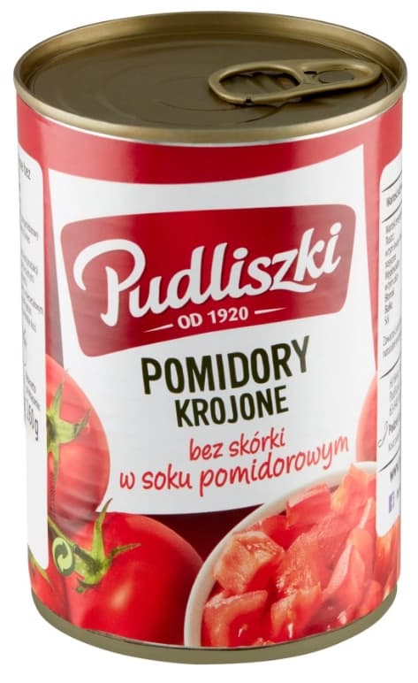 PUDLISZKI Pomidory krojone bez skorki w soku pomidorowym. 14,48 zl/kg