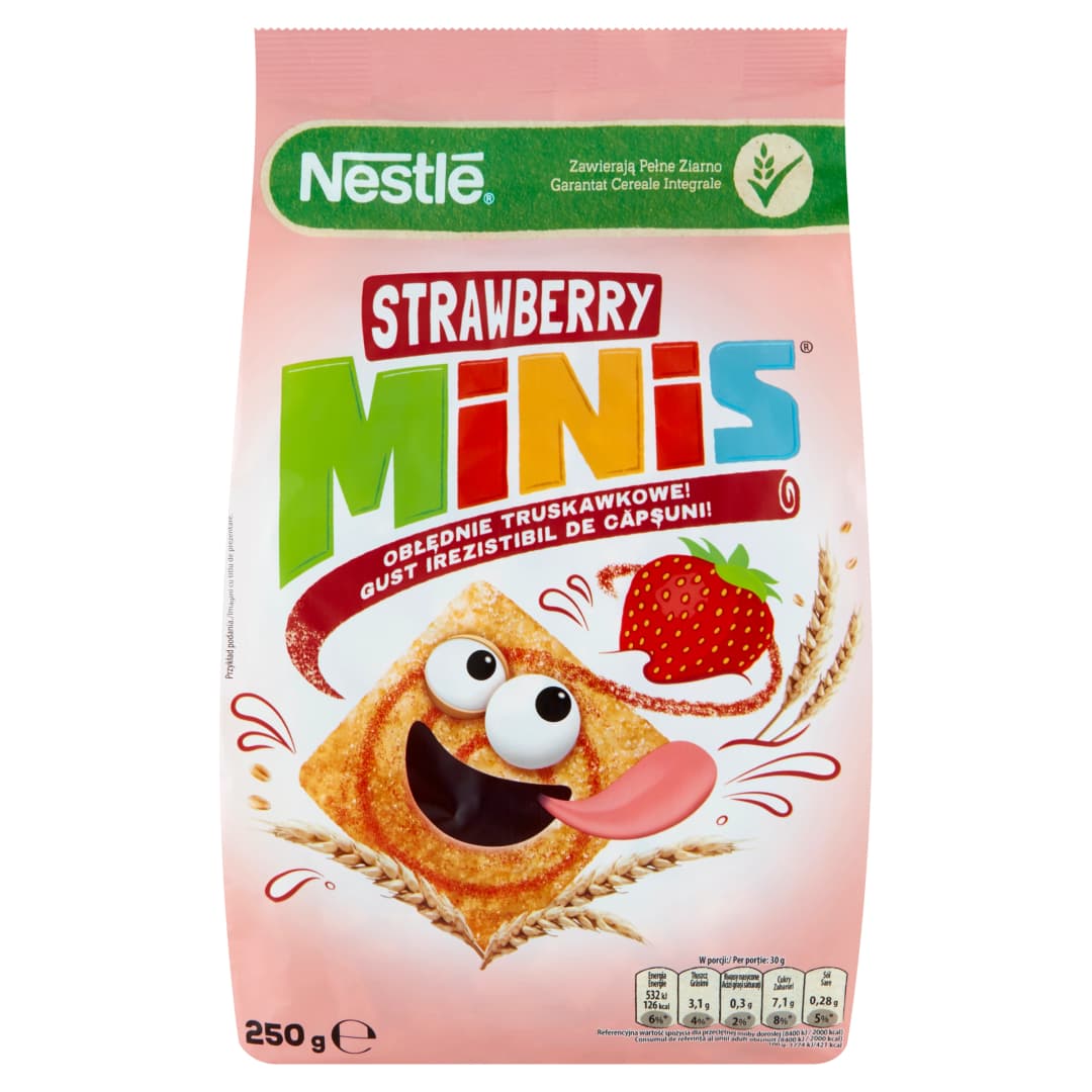 NESTLE Platki Minis Truskawkowe. 31,56 zl/kg